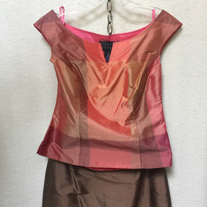 Sweet feminine 100% silk coral plaid boatneck top